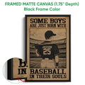 Black framed baseball canvas wall art with a player holding a bat and a close-up frame detail