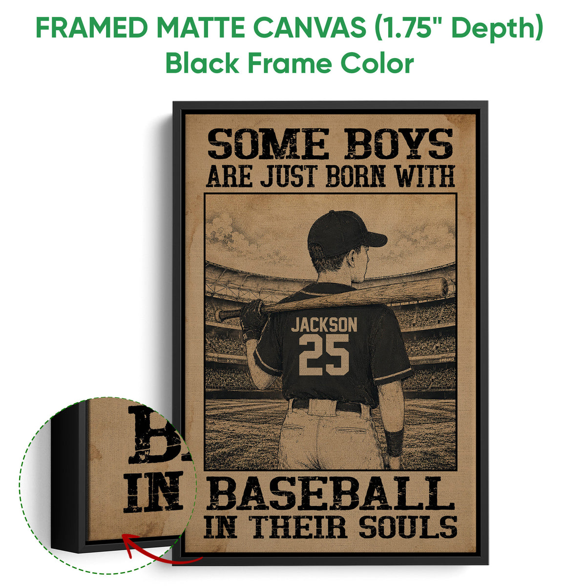 Black framed baseball canvas wall art with a player holding a bat and a close-up frame detail