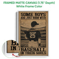 White framed baseball canvas wall art with a stadium player and close-up view of the frame