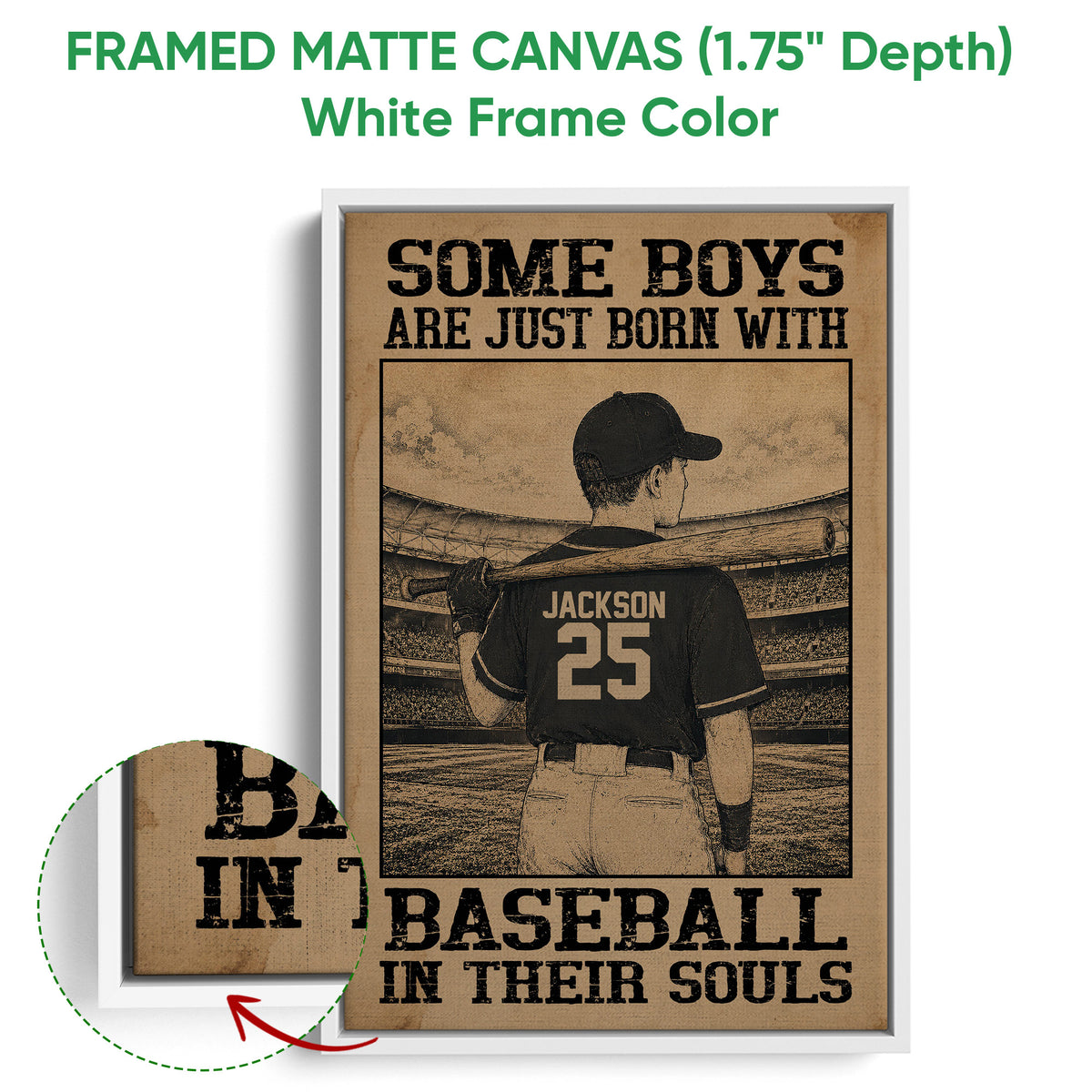 White framed baseball canvas wall art with a stadium player and close-up view of the frame
