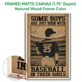 Natural wood framed baseball wall art showing a stadium player and close-up wood frame detail