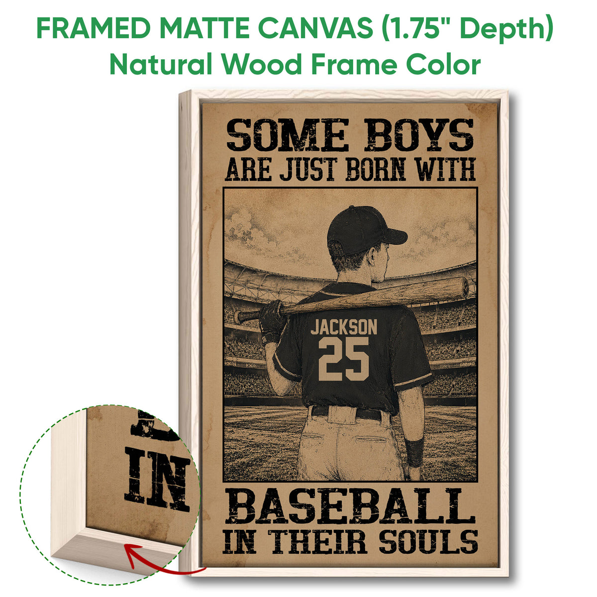 Natural wood framed baseball wall art showing a stadium player and close-up wood frame detail