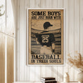 Framed baseball wall art displayed on a light wood-paneled wall in a warm home setting