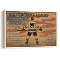 Framed hockey wall art featuring a player and motivational lessons in a distressed vintage-style design