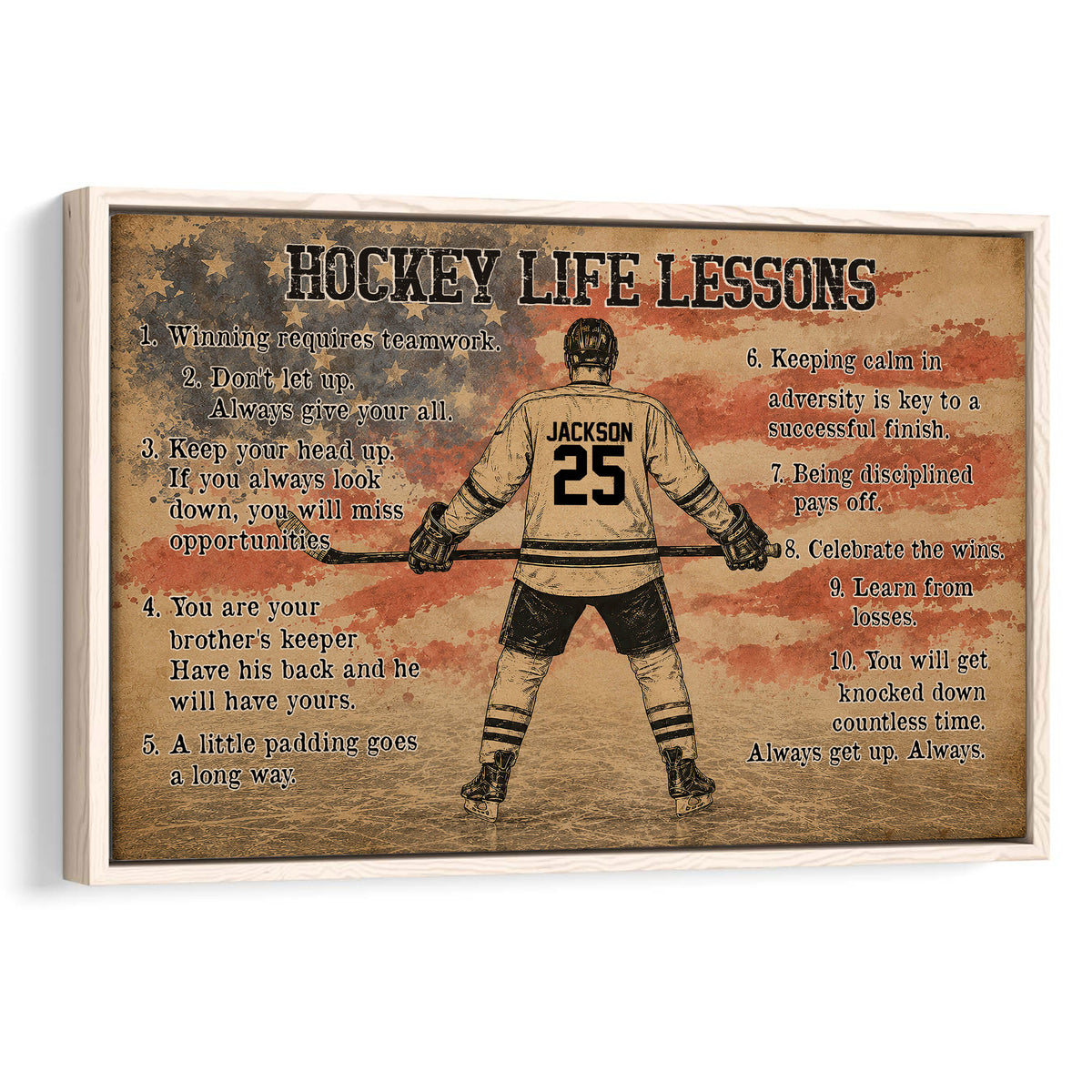 Framed hockey wall art featuring a player and motivational lessons in a distressed vintage-style design