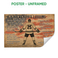 Unframed hockey poster with a player holding a stick and motivational lessons in a vintage distressed style