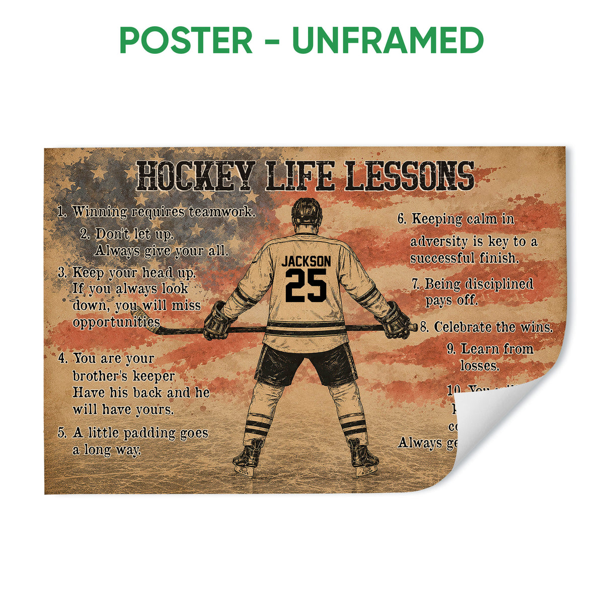 Unframed hockey poster with a player holding a stick and motivational lessons in a vintage distressed style