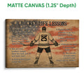 Matte canvas hockey wall art featuring a player, motivational messages, and a textured distressed background