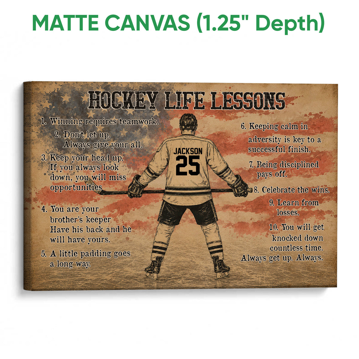 Matte canvas hockey wall art featuring a player, motivational messages, and a textured distressed background