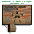 Black framed hockey canvas wall art with a player, motivational lessons, and a rustic distressed design