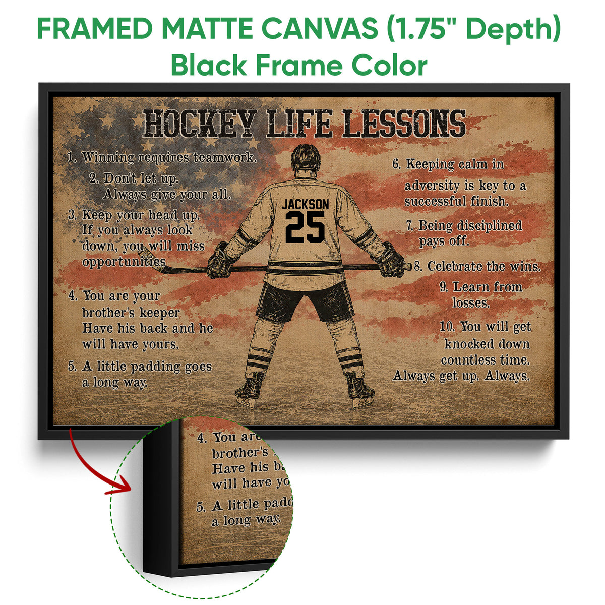 Black framed hockey canvas wall art with a player, motivational lessons, and a rustic distressed design