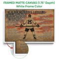 White framed hockey canvas wall art featuring a player and motivational lessons in warm vintage tones