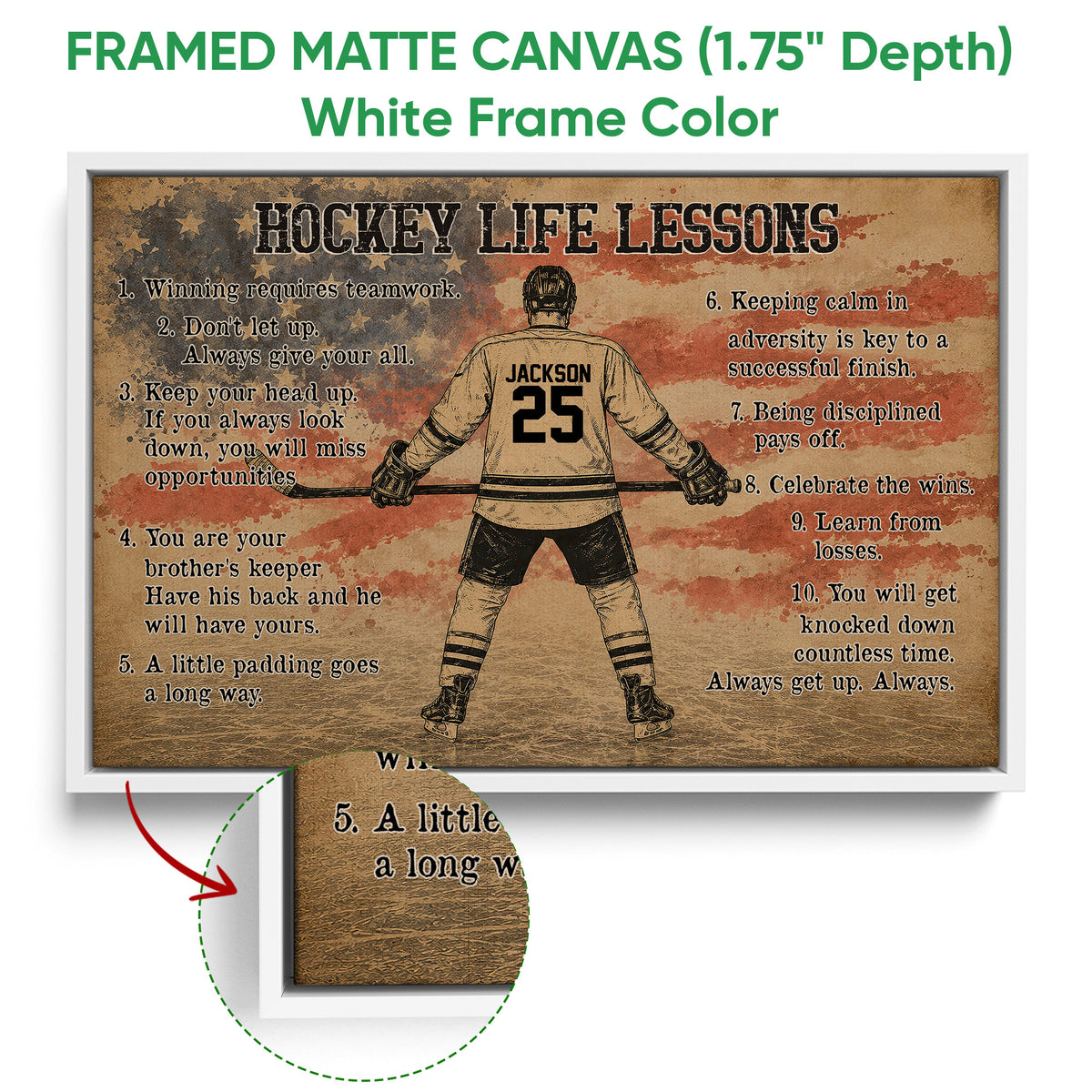 White framed hockey canvas wall art featuring a player and motivational lessons in warm vintage tones