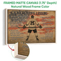 Natural wood framed hockey wall art with a player, motivational lessons, and a distressed patriotic-style background