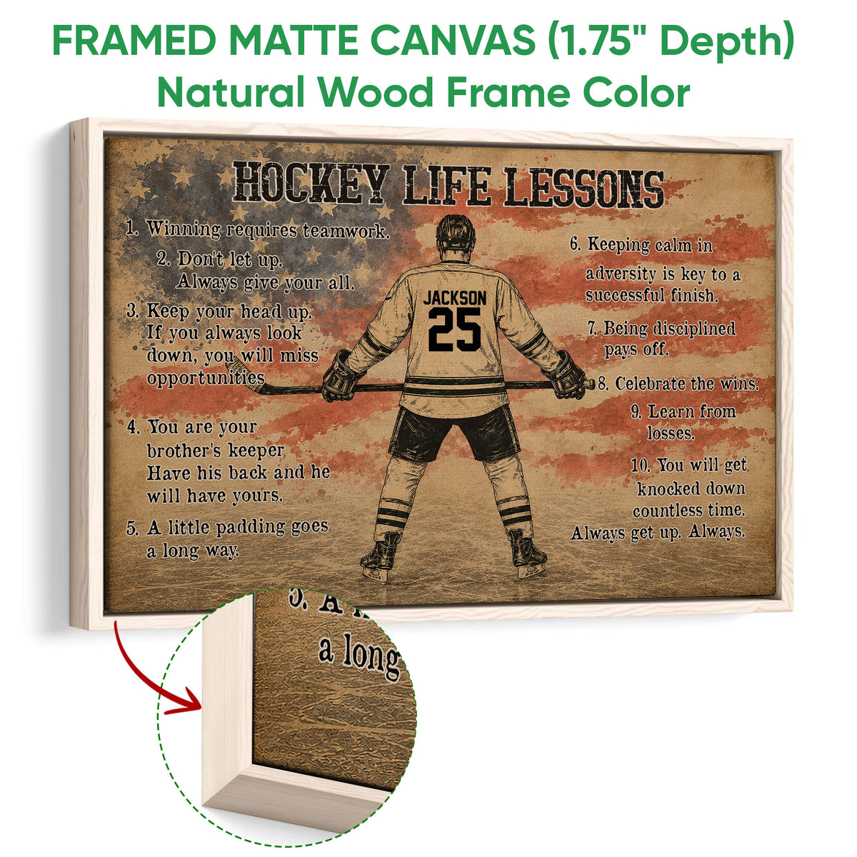 Natural wood framed hockey wall art with a player, motivational lessons, and a distressed patriotic-style background