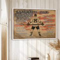 Framed hockey wall art displayed on a light wood-paneled wall in a neutral home interior