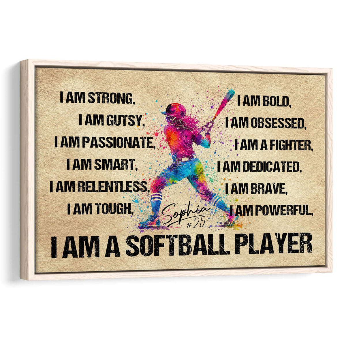 Framed softball wall art featuring a colorful batter, motivational affirmations and a bold sports design