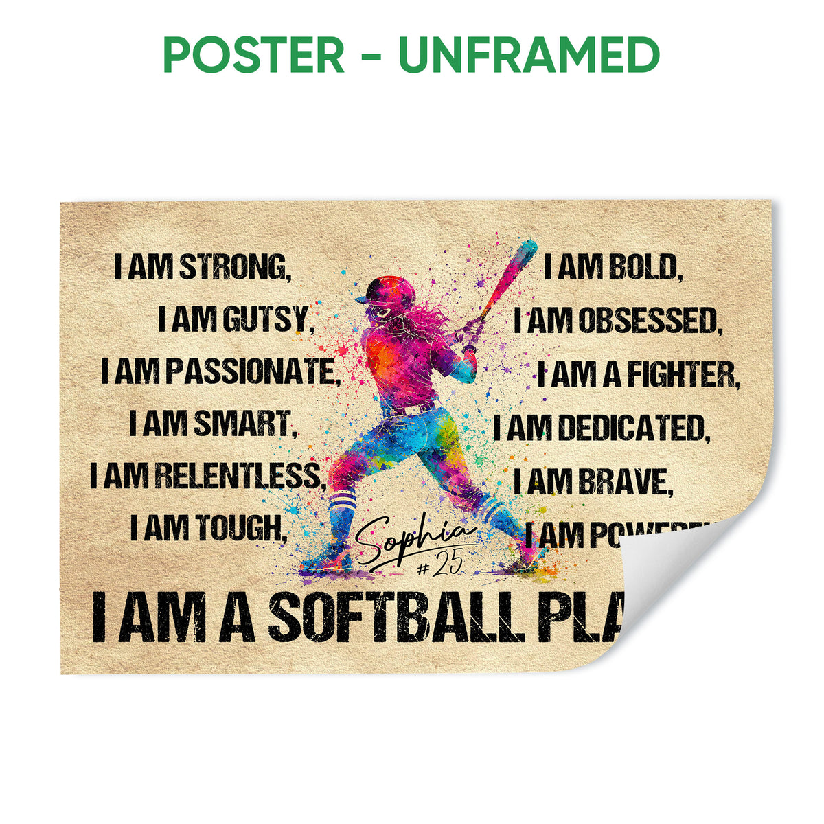 Unframed softball poster with a colorful batter, motivational affirmations and a textured neutral background