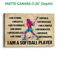 Matte canvas softball wall art featuring a vibrant batter and motivational sports affirmations