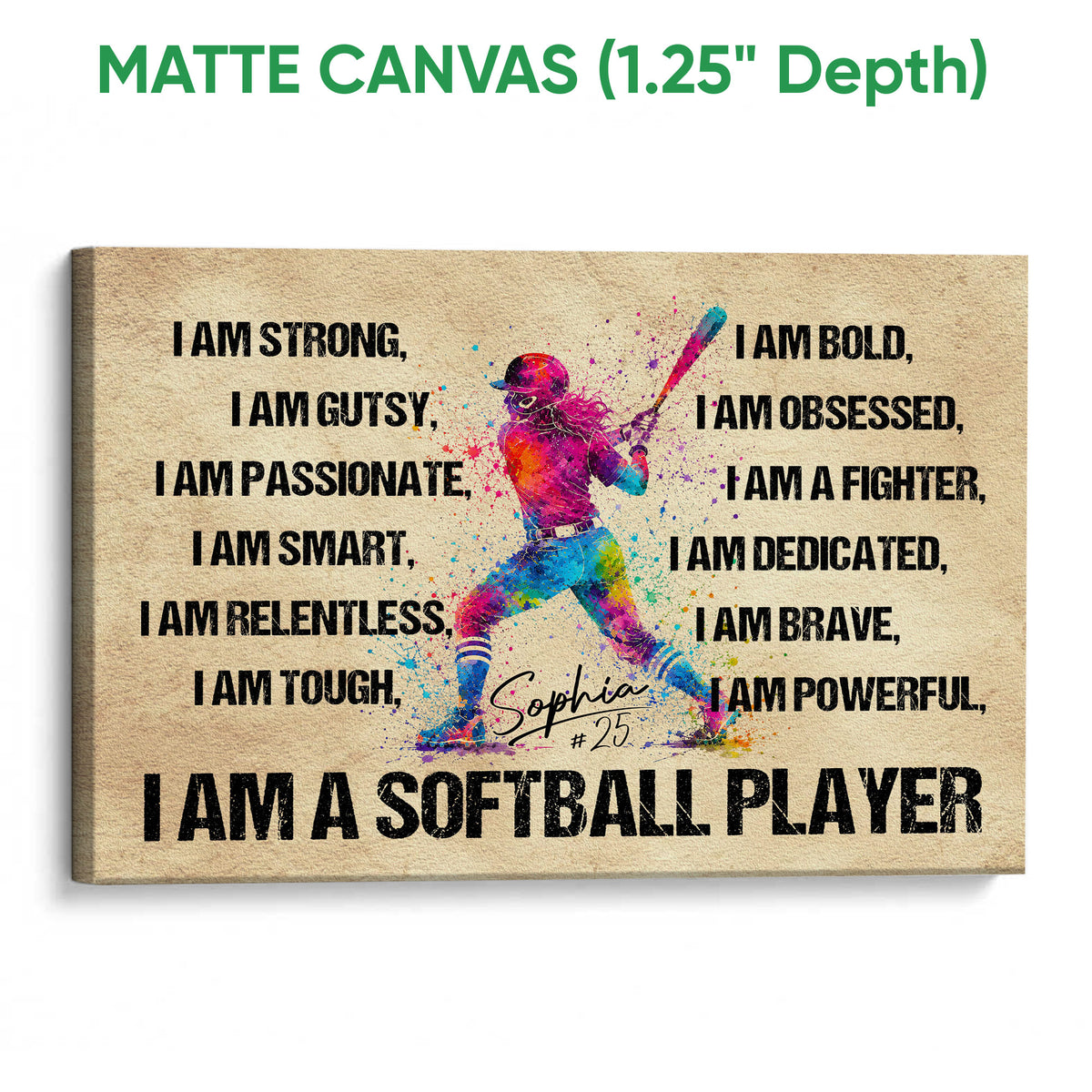 Matte canvas softball wall art featuring a vibrant batter and motivational sports affirmations