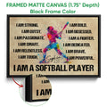 Black framed canvas softball wall art with a colorful batter and bold motivational lettering