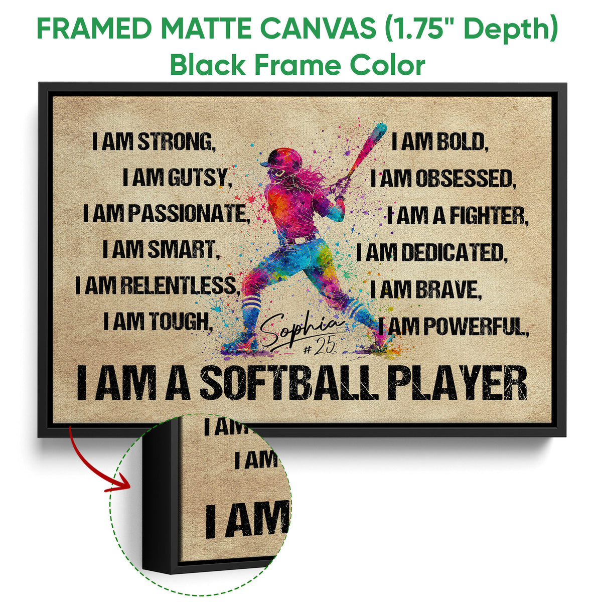 Black framed canvas softball wall art with a colorful batter and bold motivational lettering