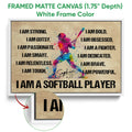 White framed canvas softball wall art featuring a vibrant batter and inspirational sports lettering