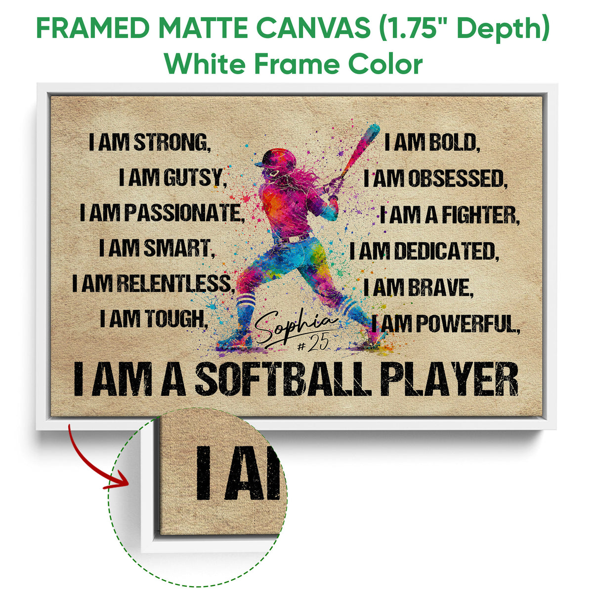 White framed canvas softball wall art featuring a vibrant batter and inspirational sports lettering