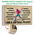 Natural wood framed softball wall art with a colorful batter and bold motivational affirmations