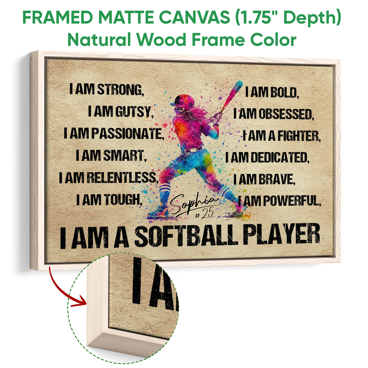 Natural wood framed softball wall art with a colorful batter and bold motivational affirmations