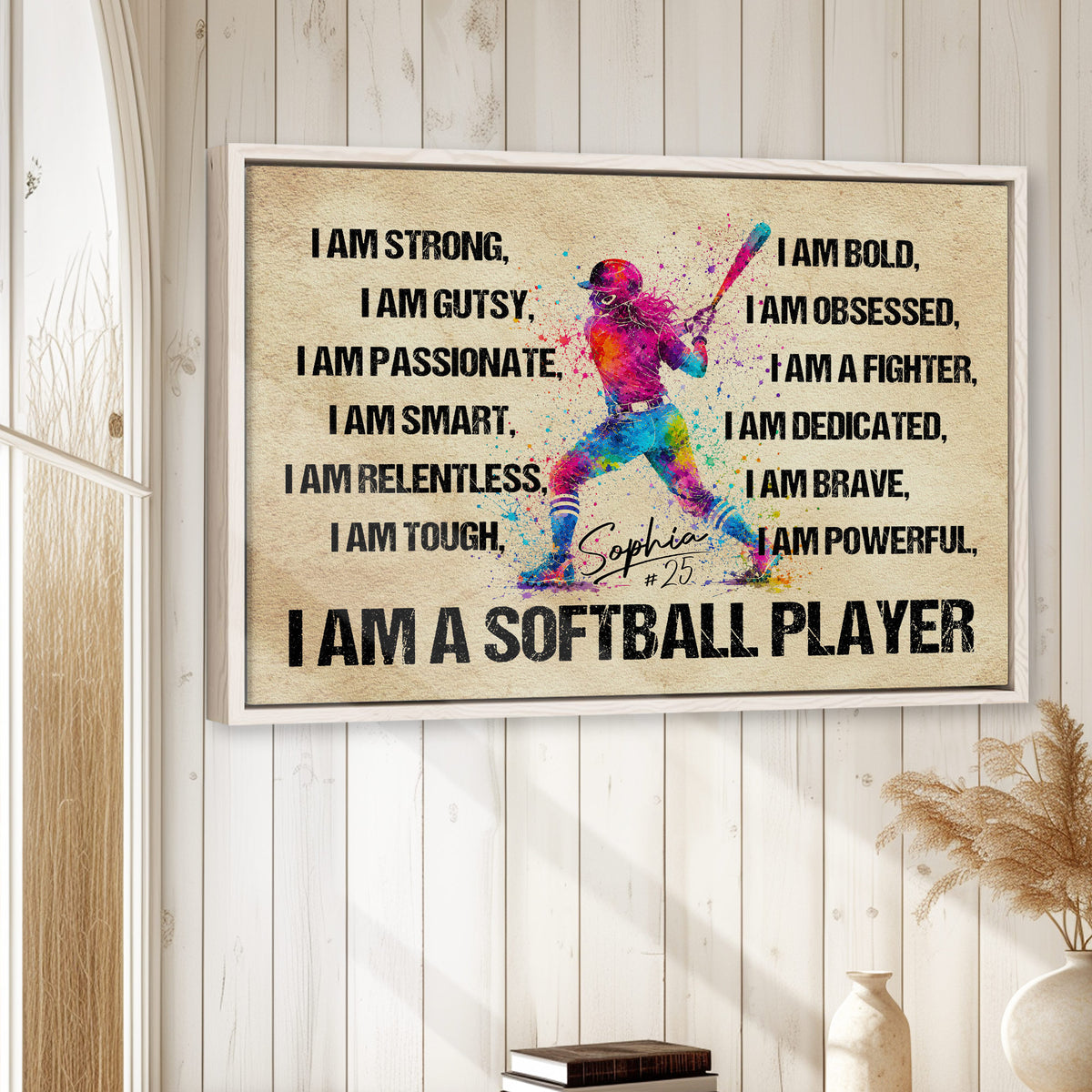 Softball wall art displayed in a bright wood-paneled room above books and neutral home decor