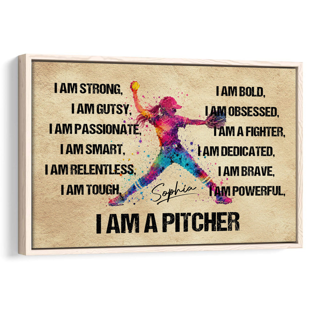 Framed softball wall art featuring a colorful pitcher illustration and bold motivational typography