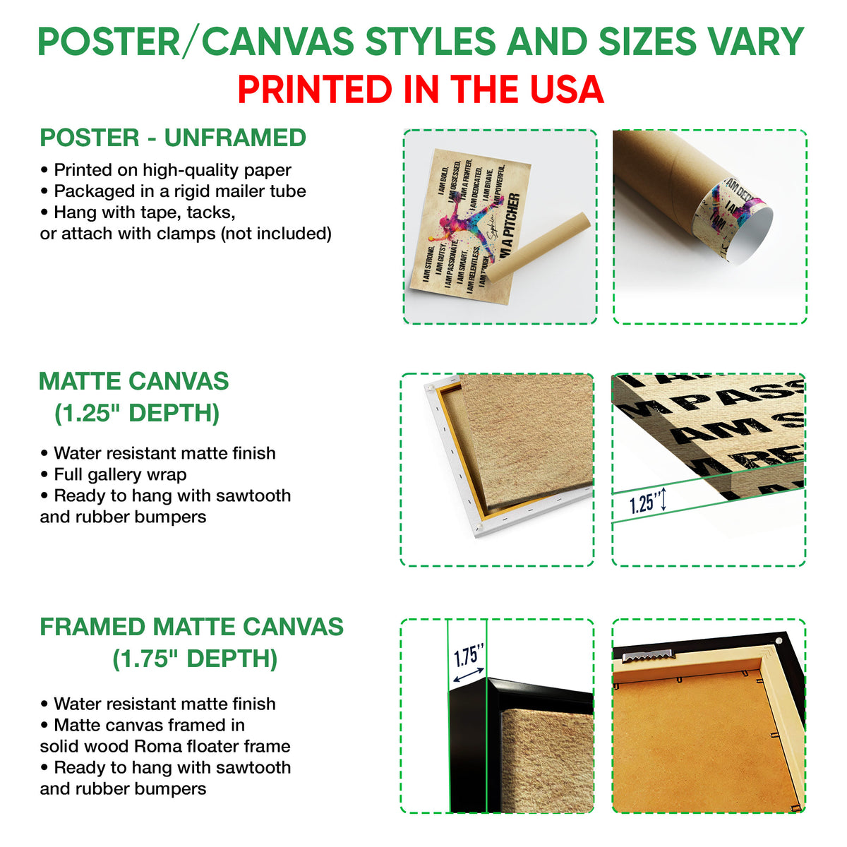 Poster and canvas wall art options guide showing unframed poster, canvas, and framed canvas formats