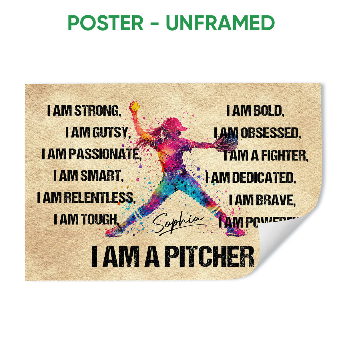 Unframed softball poster with a colorful pitcher illustration and motivational typography