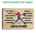 Matte canvas softball wall art featuring a vibrant pitcher in motion and bold inspirational text