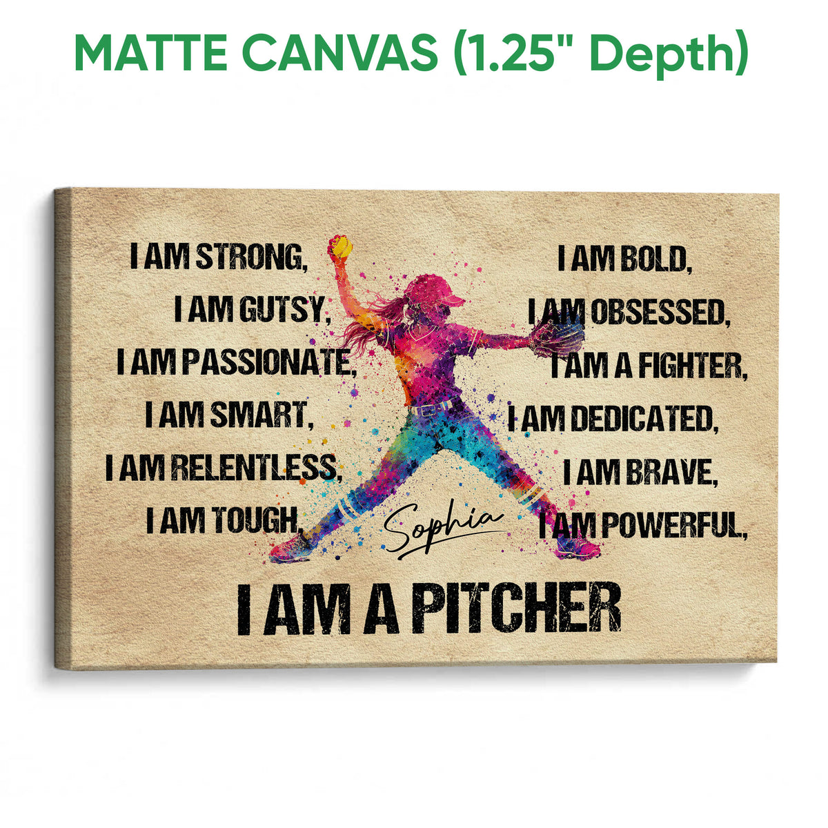Matte canvas softball wall art featuring a vibrant pitcher in motion and bold inspirational text