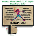 Black framed canvas softball wall art with colorful pitcher artwork and motivational typography