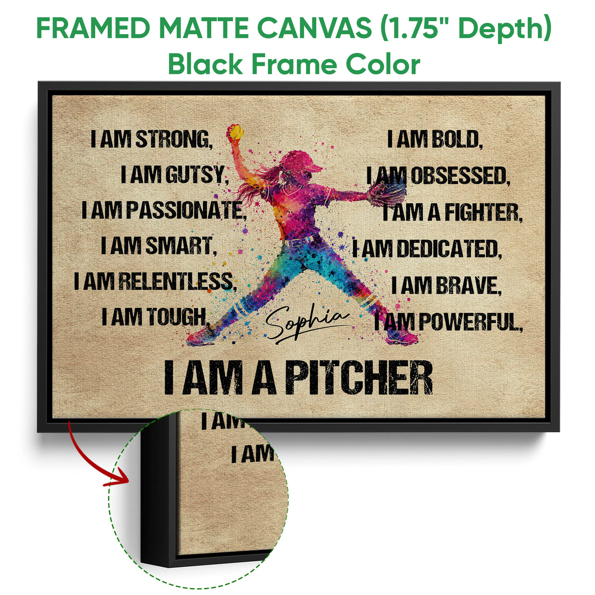 Black framed canvas softball wall art with colorful pitcher artwork and motivational typography