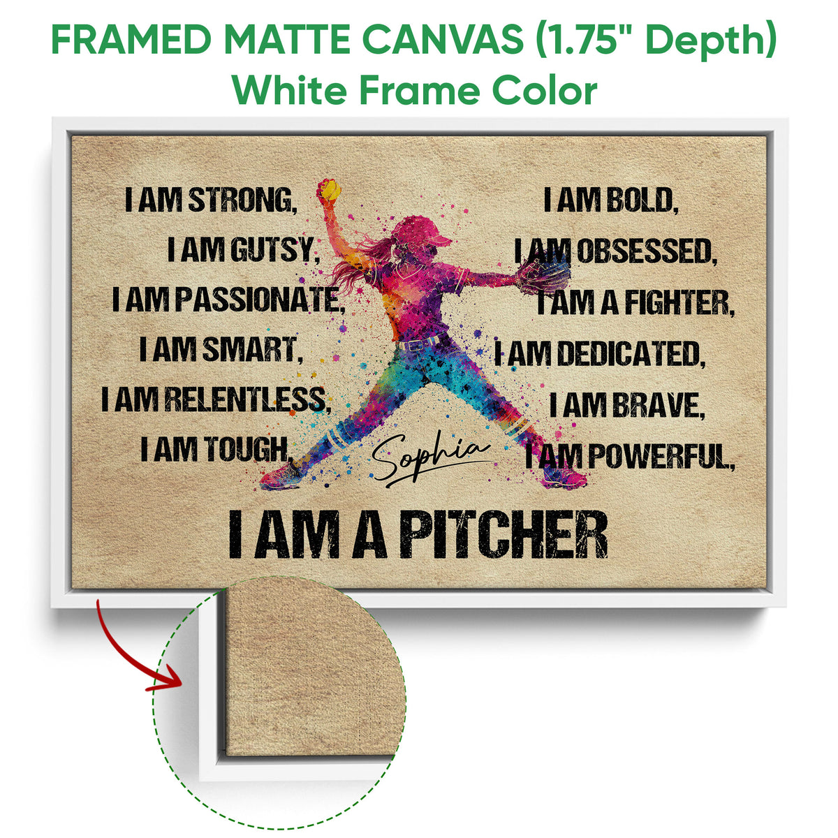 White framed canvas softball wall art featuring a colorful pitcher and bold motivational design