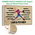 Natural wood framed softball wall art with a vibrant pitcher illustration and inspirational typography