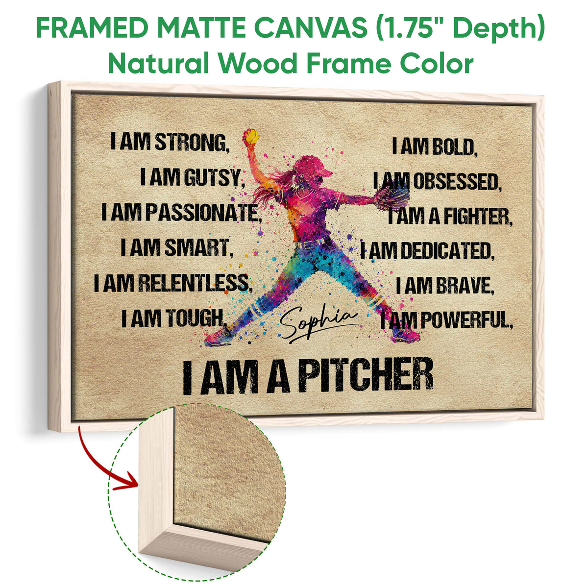 Natural wood framed softball wall art with a vibrant pitcher illustration and inspirational typography