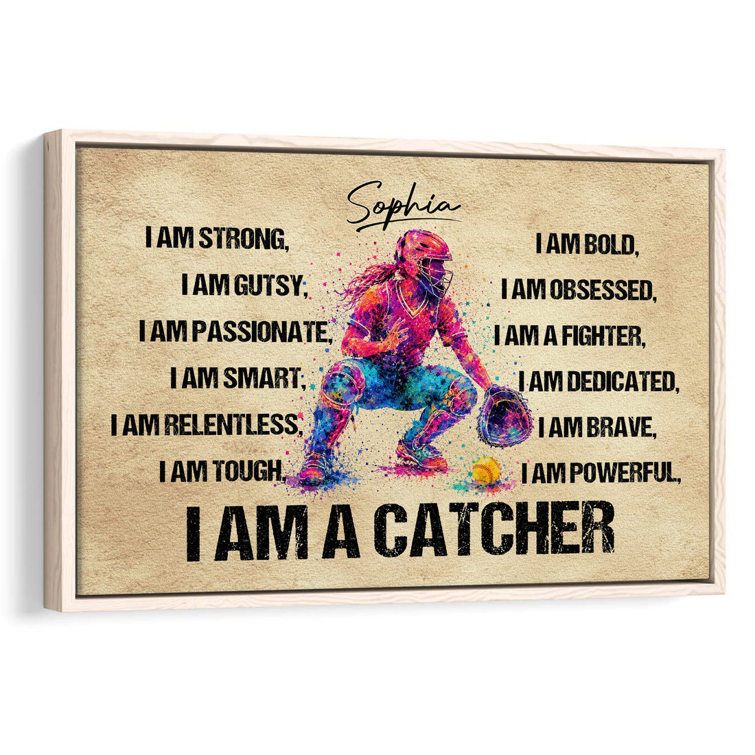 Framed softball wall art featuring a colorful catcher illustration and bold motivational affirmations
