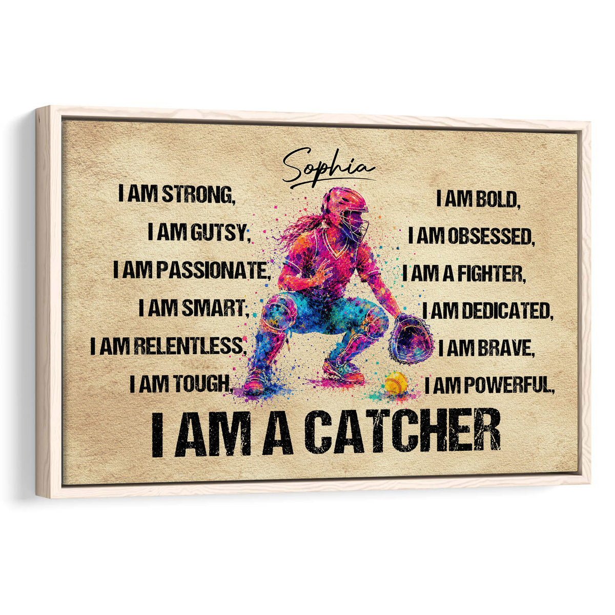 Framed softball wall art featuring a colorful catcher illustration and bold motivational affirmations