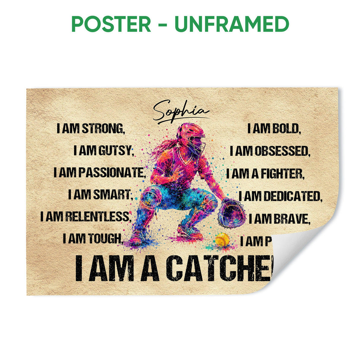 Unframed softball poster featuring a colorful catcher illustration and motivational wall art design