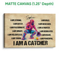 Matte canvas softball wall art with a colorful catcher illustration and bold affirmation typography
