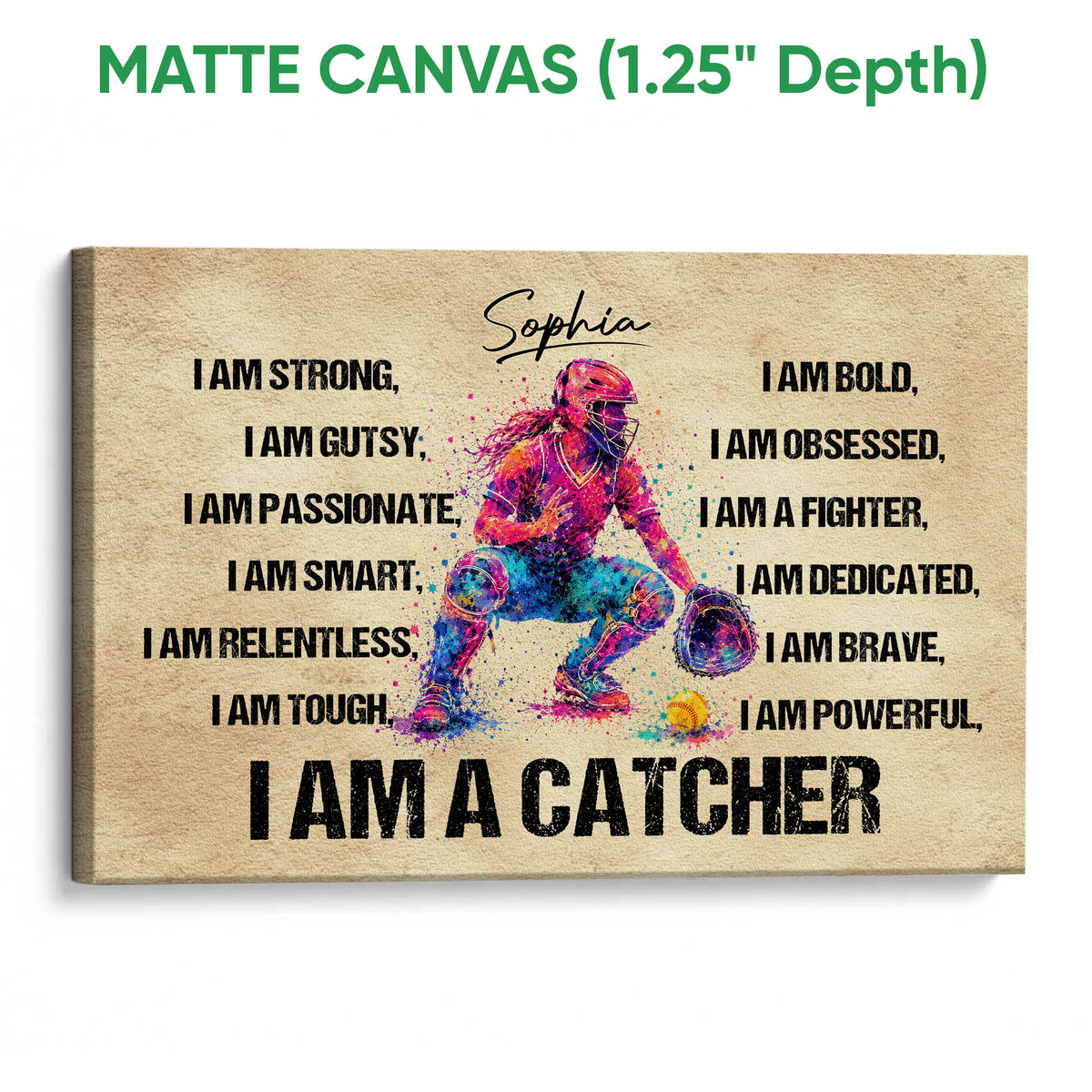 Matte canvas softball wall art with a colorful catcher illustration and bold affirmation typography