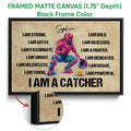 Black framed canvas softball wall art featuring a vibrant catcher illustration and bold lettering