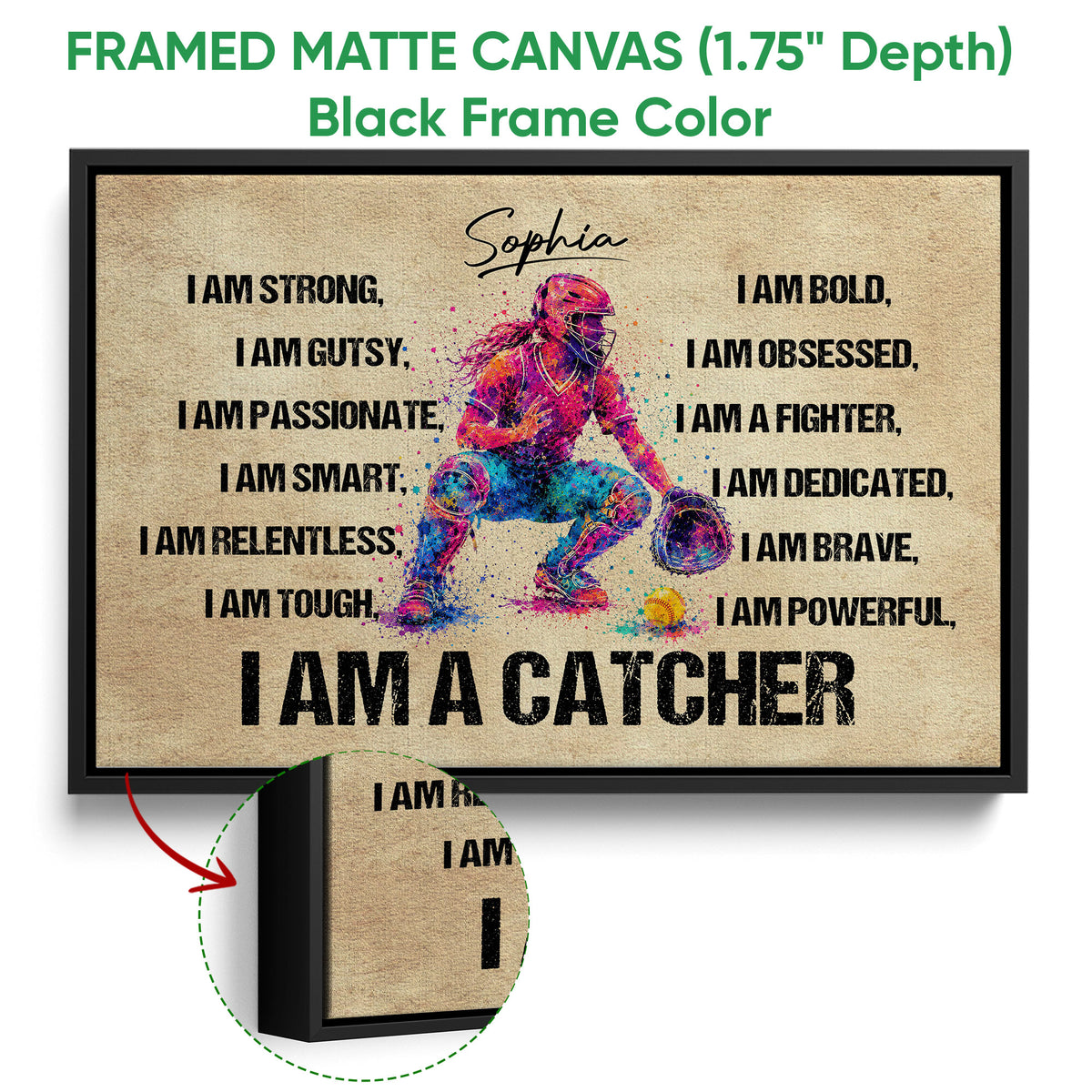 Black framed canvas softball wall art featuring a vibrant catcher illustration and bold lettering