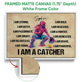 White framed softball canvas wall art with a colorful catcher and motivational design
