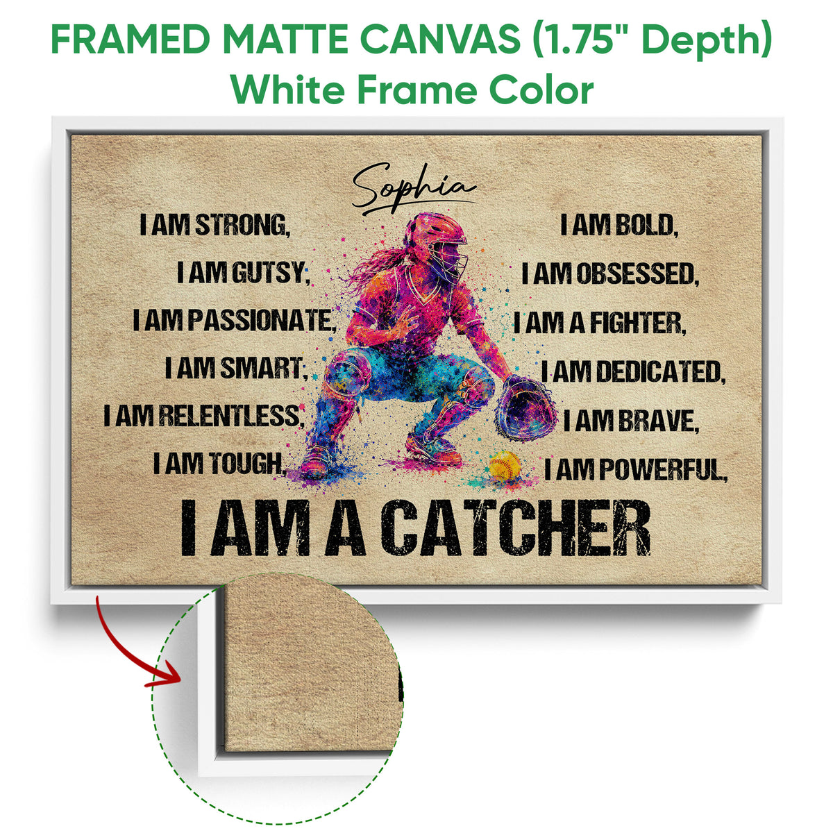 White framed softball canvas wall art with a colorful catcher and motivational design